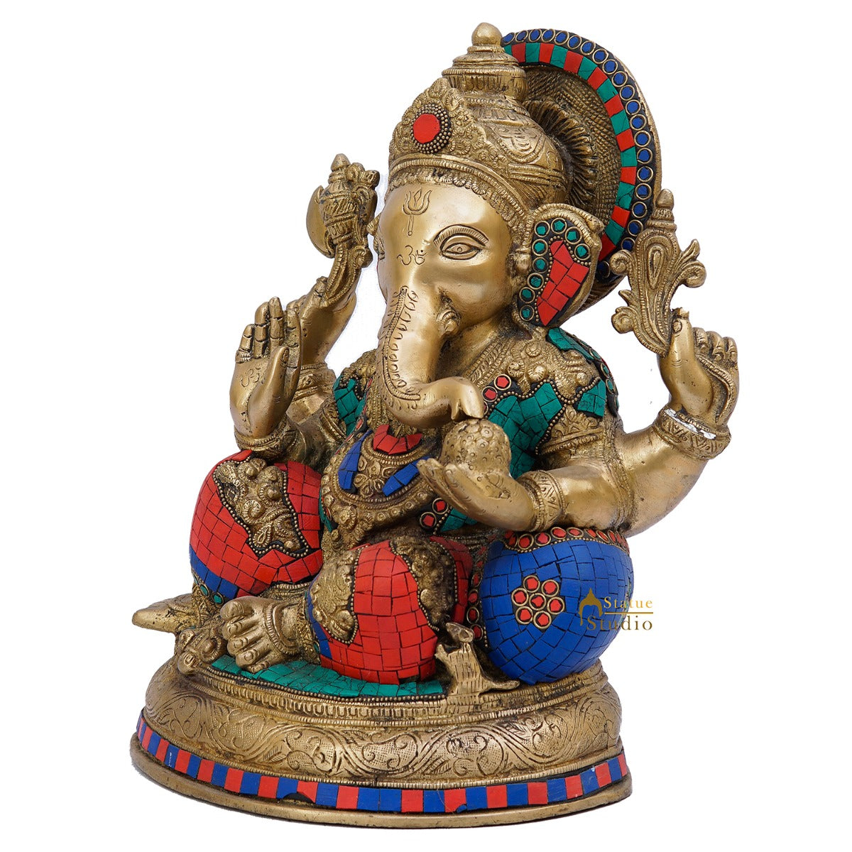 Brass Ganapati Statue Stone Work For Home Decor Gift 13"