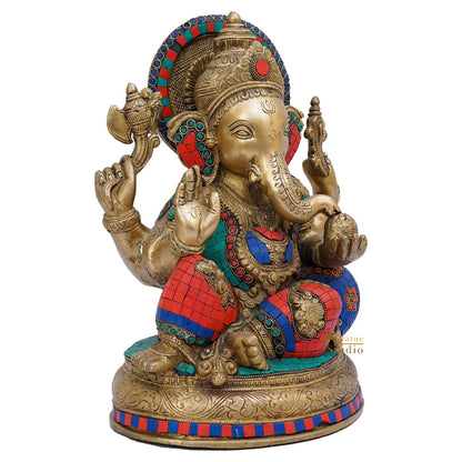 Brass Ganapati Statue Stone Work For Home Decor Gift 13" by vendor-unknown - Hindu Gods (View 3)