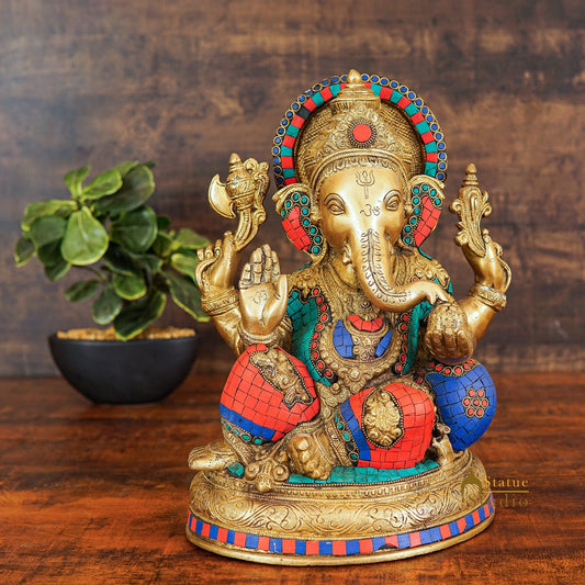 Brass Ganapati Statue Stone Work For Home Decor Gift 13"