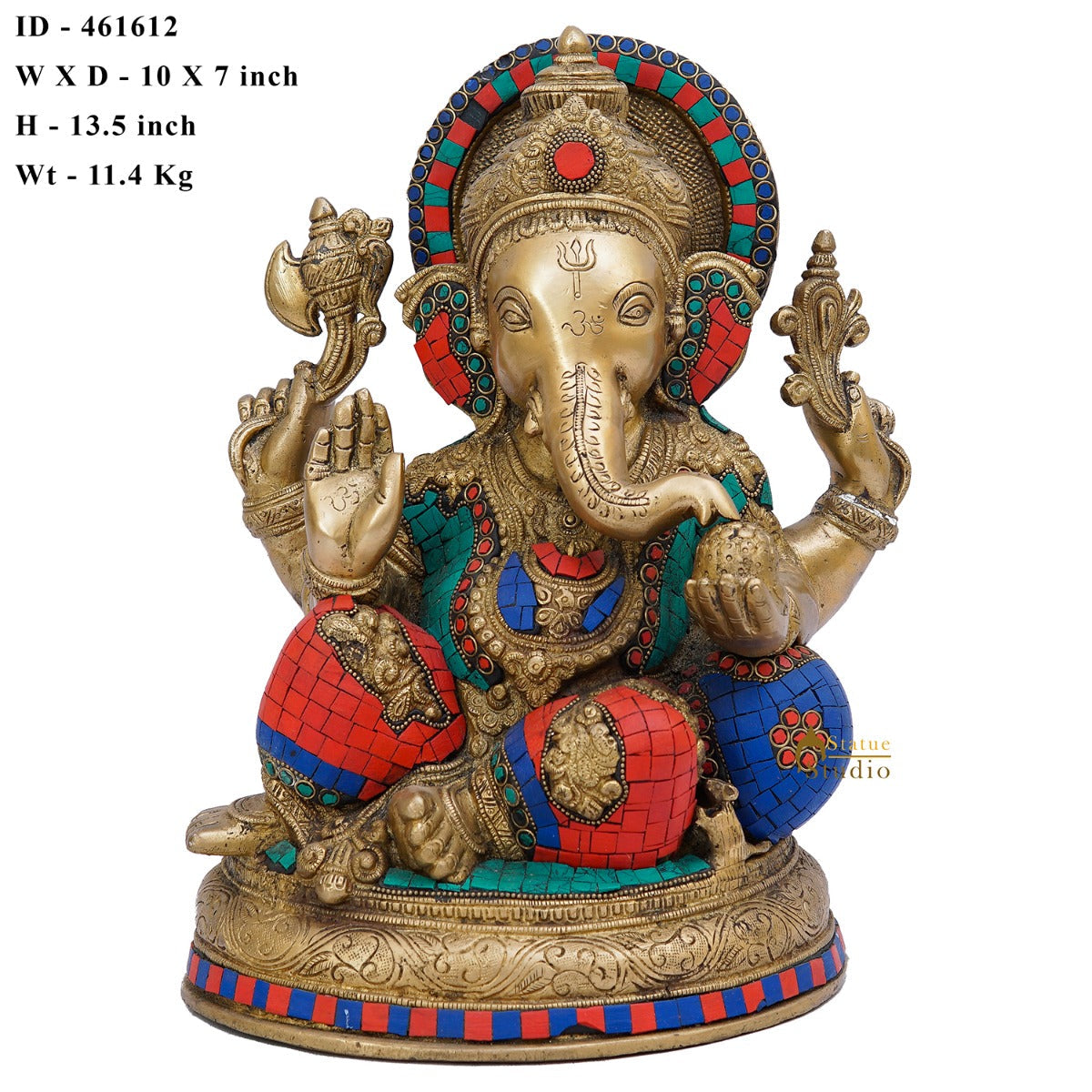Brass Ganapati Statue Stone Work For Home Decor Gift 13" - Image 6