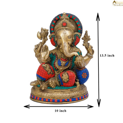 Brass Ganapati Statue Stone Work For Home Decor Gift 13" by vendor-unknown - Hindu Gods (View 7)