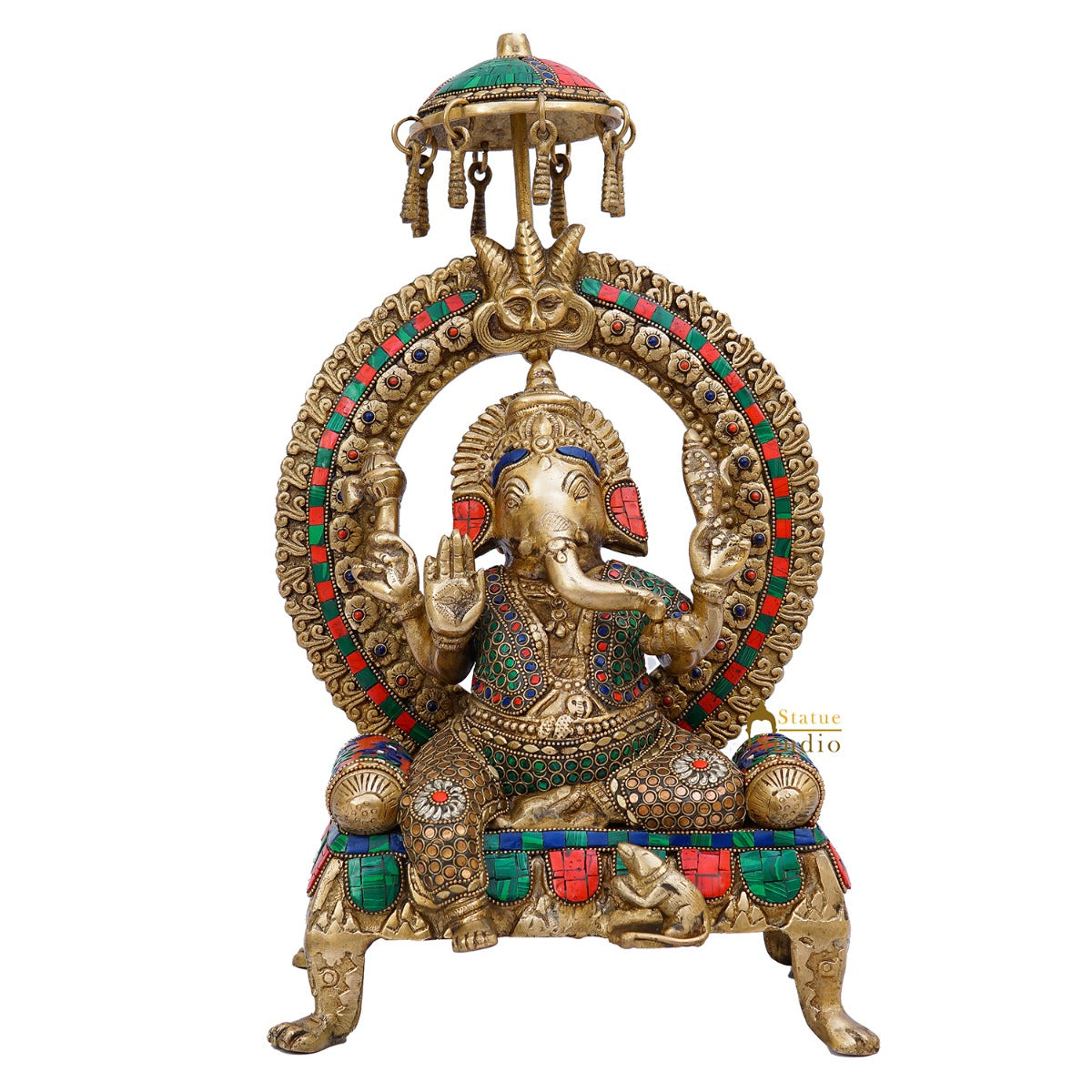 Brass Ganesha Idol Sitting On Throne Stone Work For Home Decor 1.5 Feet - Image 2