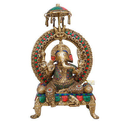 Brass Ganesha Idol Sitting On Throne Stone Work For Home Decor 1.5 Feet by vendor-unknown - Hindu Gods (View 2)
