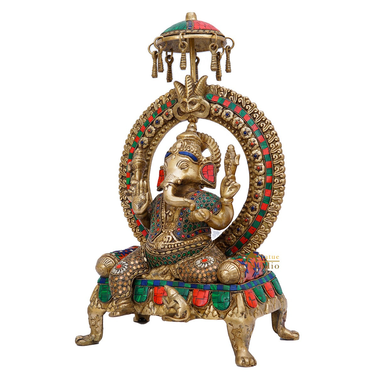 Brass Ganesha Idol Sitting On Throne Stone Work For Home Decor 1.5 Feet
