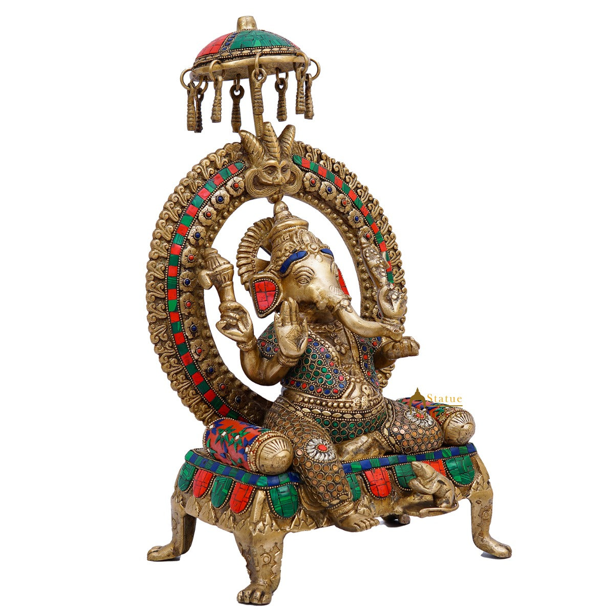 Brass Ganesha Idol Sitting On Throne Stone Work For Home Decor 1.5 Feet - Image 4