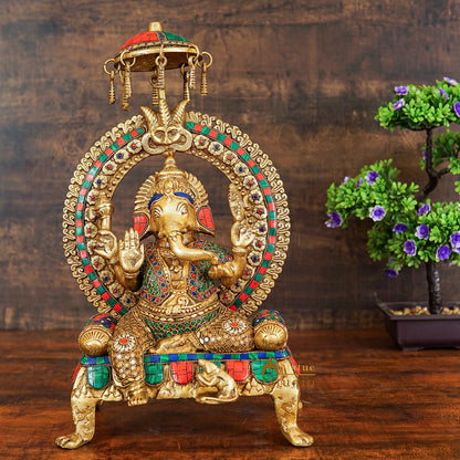 Brass Ganesha Idol Sitting On Throne Stone Work For Home Decor 1.5 Feet by vendor-unknown - Hindu Gods