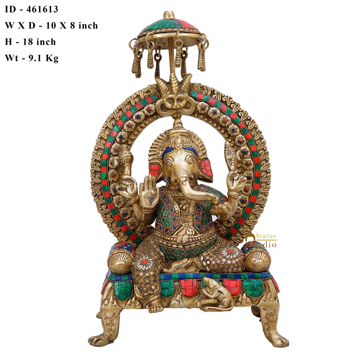 Brass Ganesha Idol Sitting On Throne Stone Work For Home Decor 1.5 Feet - Image 6