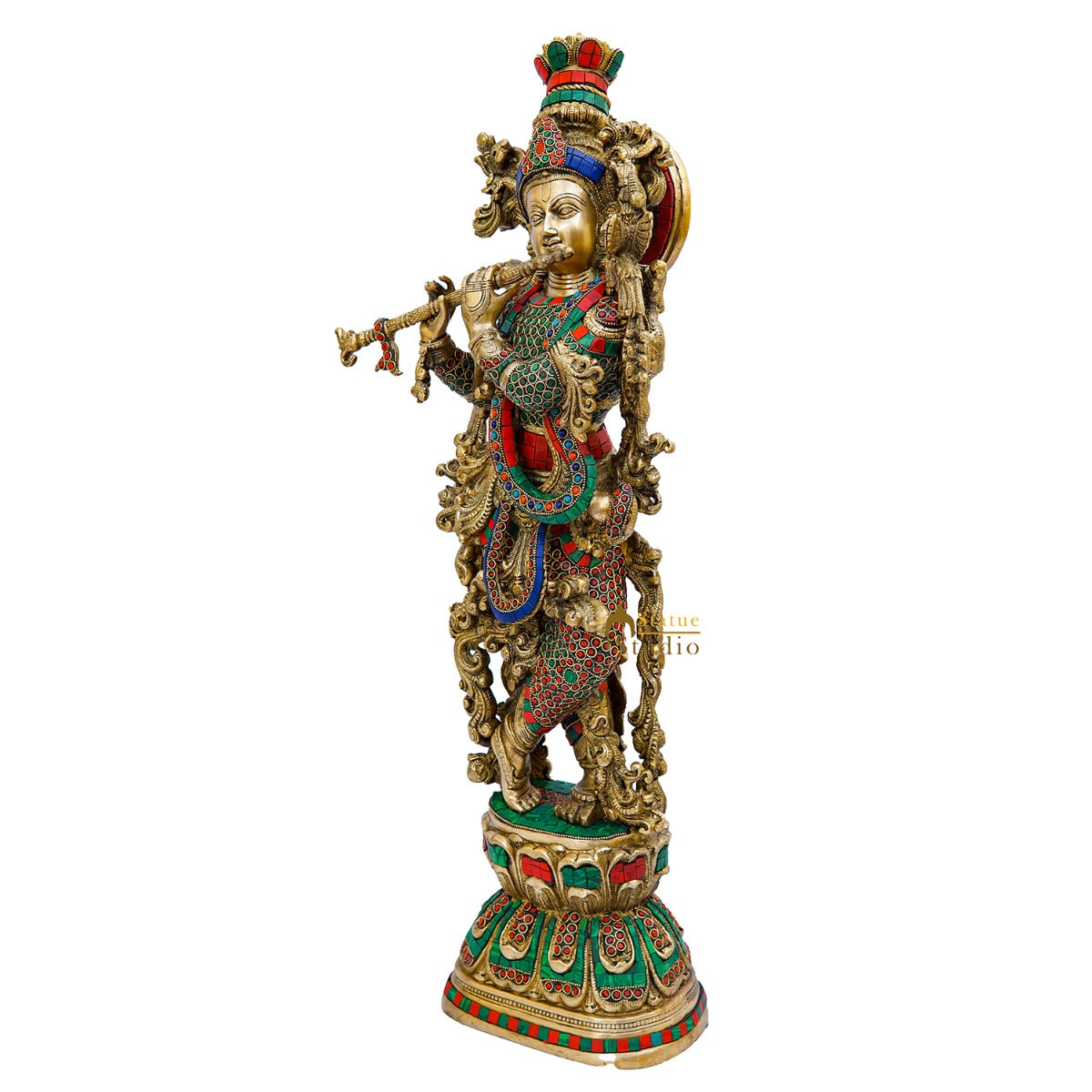 Brass Krishna Statue with Stonework 2.5 Feet by StatueStudio