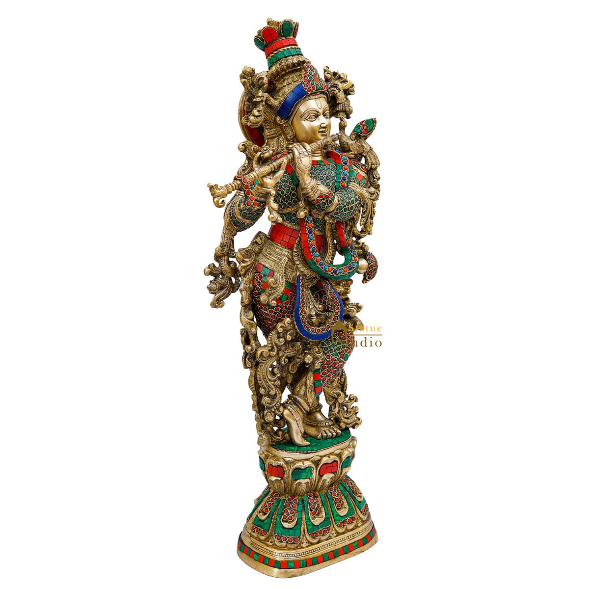 Brass Krishna Statue with Stonework 2.5 Feet by StatueStudio