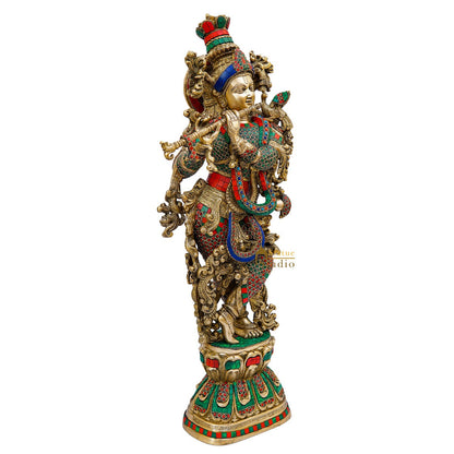Brass Krishna Statue with Stonework 2.5 Feet by StatueStudio by vendor-unknown - Hindu Gods (View 4)