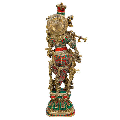 Brass Krishna Statue with Stonework 2.5 Feet by StatueStudio by vendor-unknown - Hindu Gods (View 5)