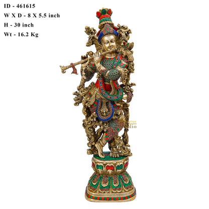 Brass Krishna Statue with Stonework 2.5 Feet by StatueStudio by vendor-unknown - Hindu Gods (View 6)