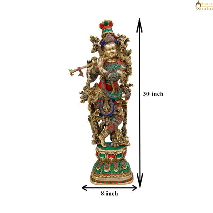 Brass Krishna Statue with Stonework 2.5 Feet by StatueStudio by vendor-unknown - Hindu Gods (View 7)