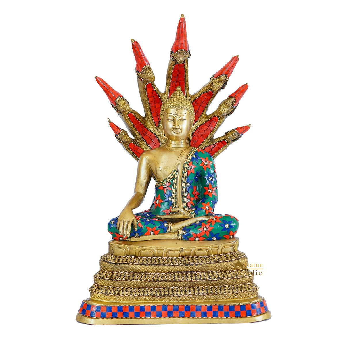Brass Buddha Statue Sitting Under Serpent Idol For Home Decor Showpiece 20" - Image 3