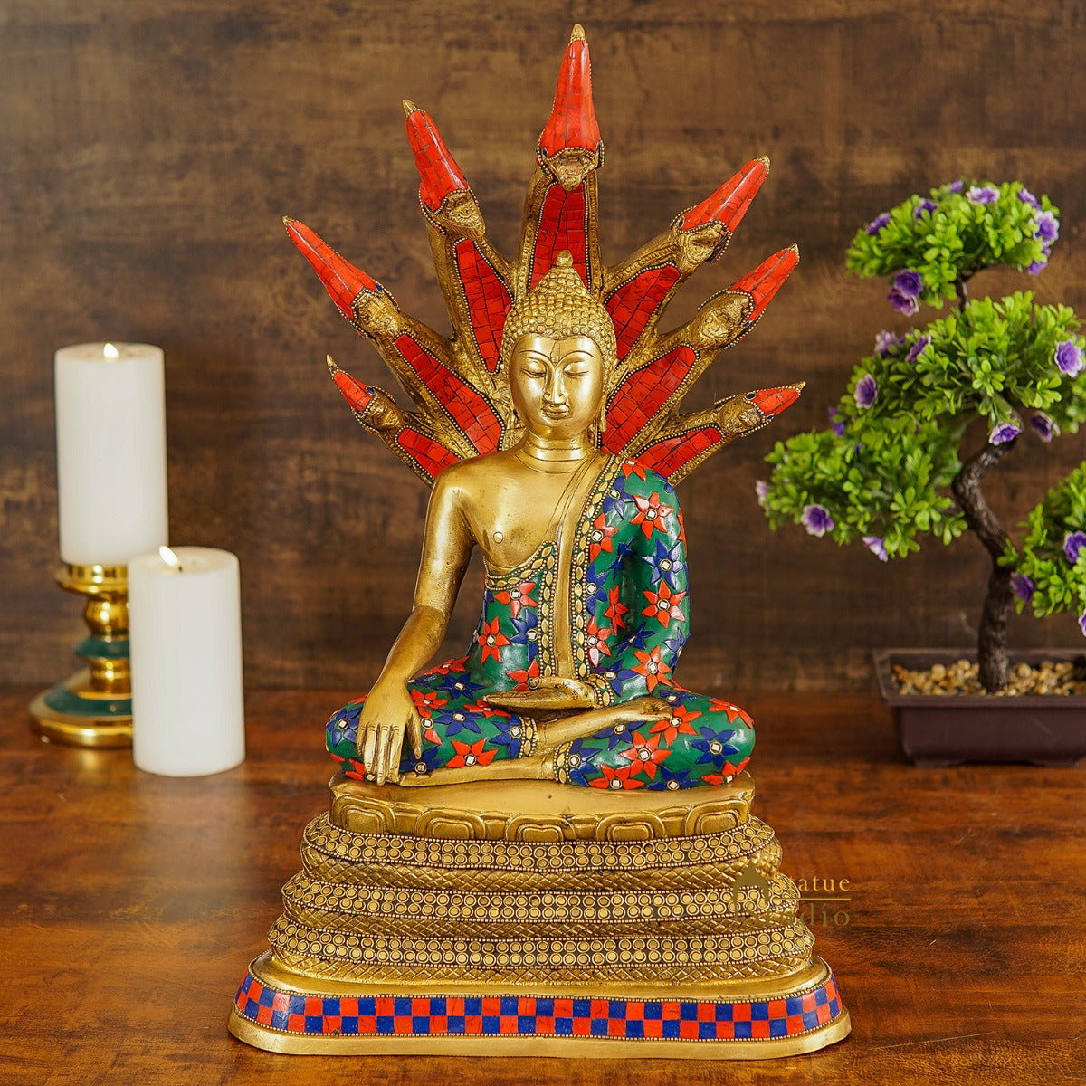 Brass Buddha Statue Sitting Under Serpent Idol For Home Decor Showpiece 20" - Eco-friendly - Sama Homes