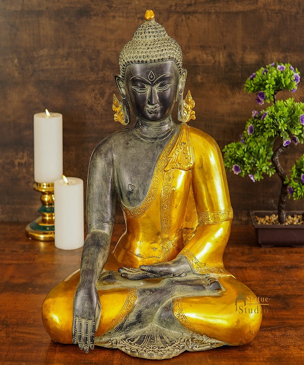 Brass Large Buddha Statue Antique Gold Finish For Home Decor Showpiece 20"