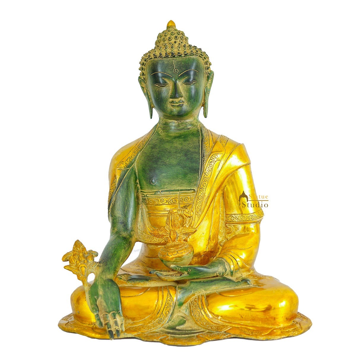 Brass Large Buddha Statue Antique Gold Finish For Home Decor Showpiece 16"