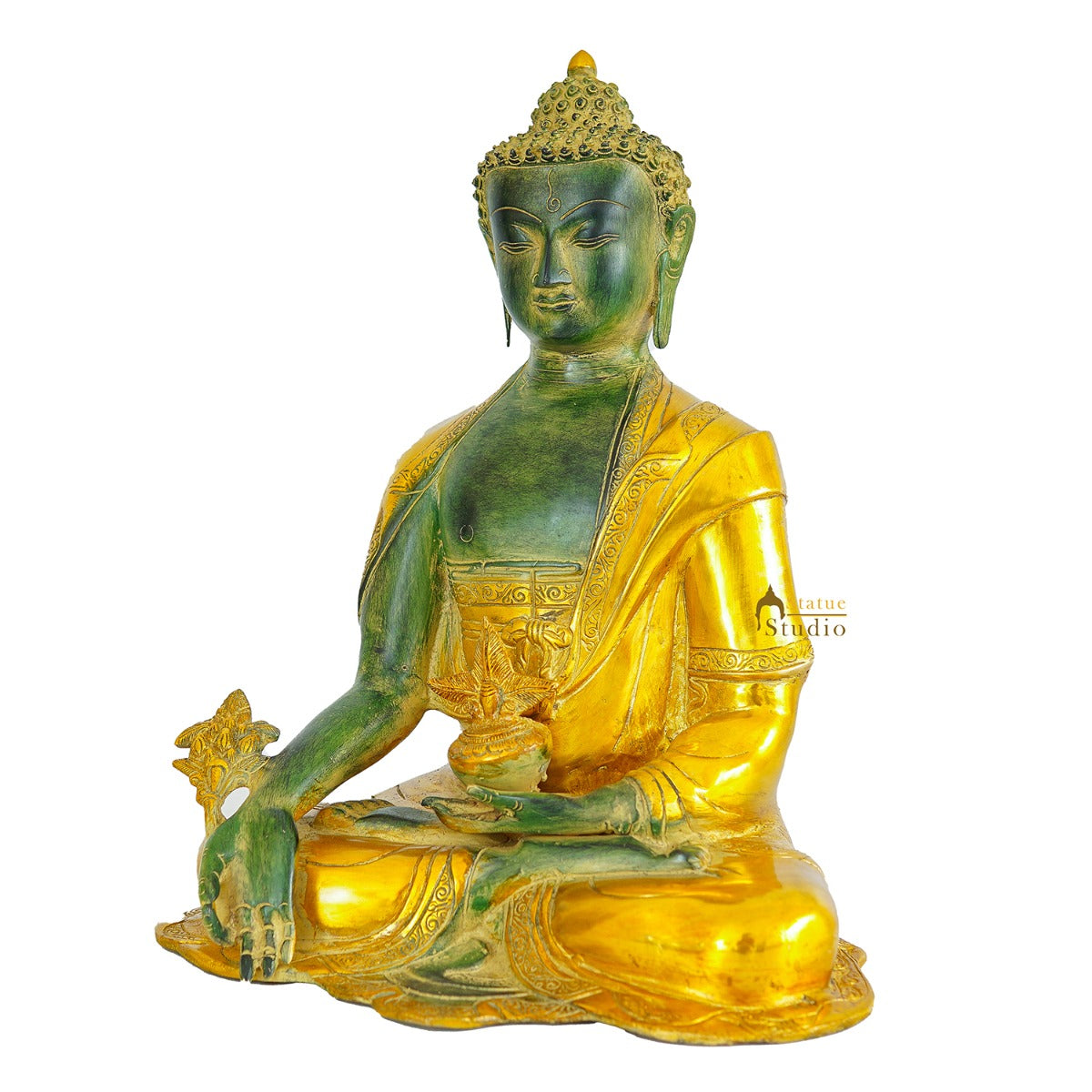 Brass Large Buddha Statue Antique Gold Finish For Home Decor Showpiece 16"