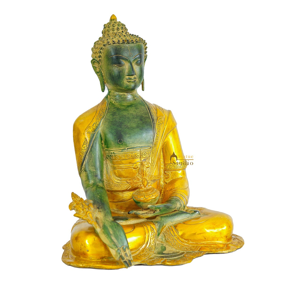 Brass Large Buddha Statue Antique Gold Finish For Home Decor Showpiece 16"