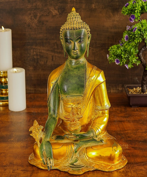 Brass Large Buddha Statue Antique Gold Finish For Home Decor Showpiece 16" - Image 2