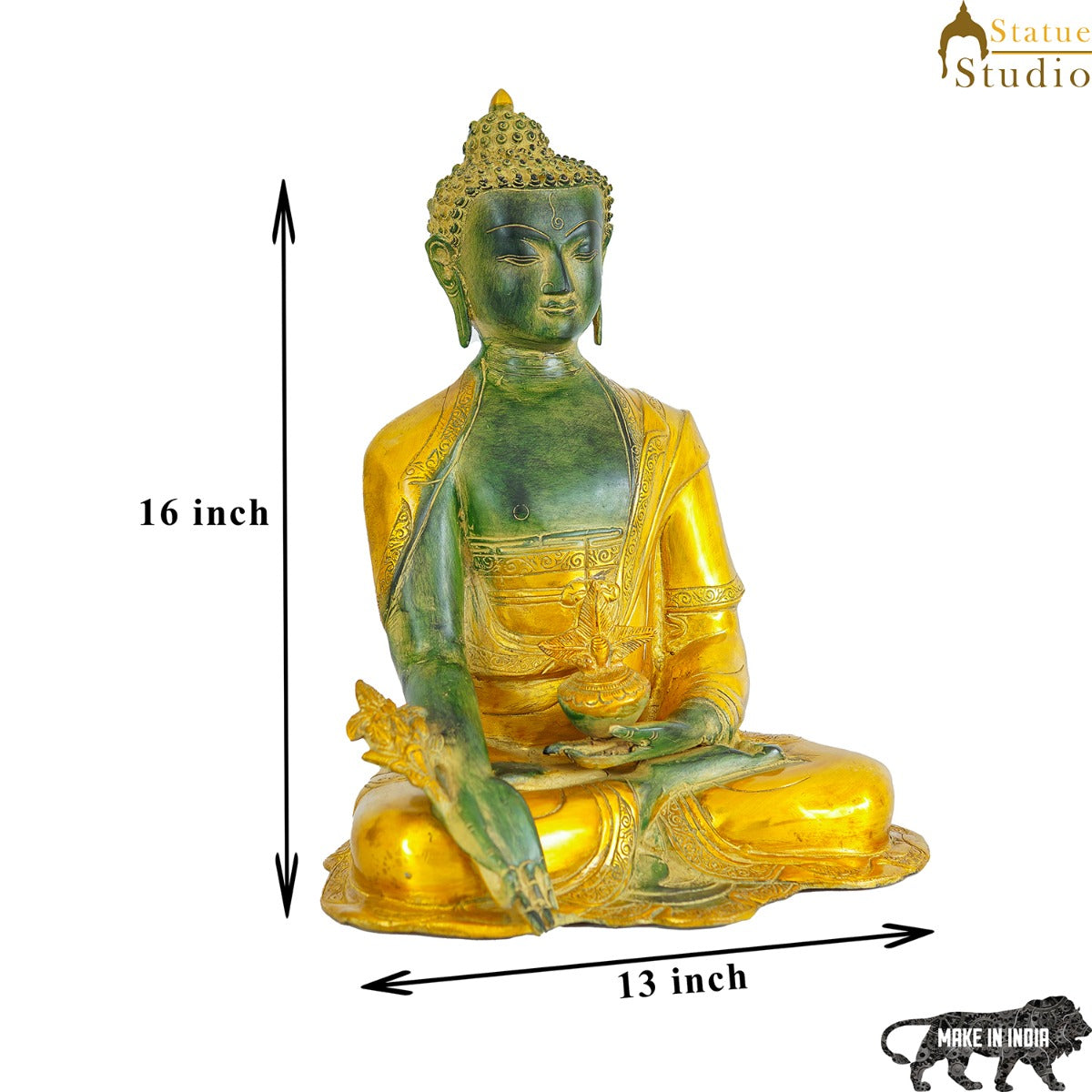 Brass Large Buddha Statue Antique Gold Finish For Home Decor Showpiece 16"