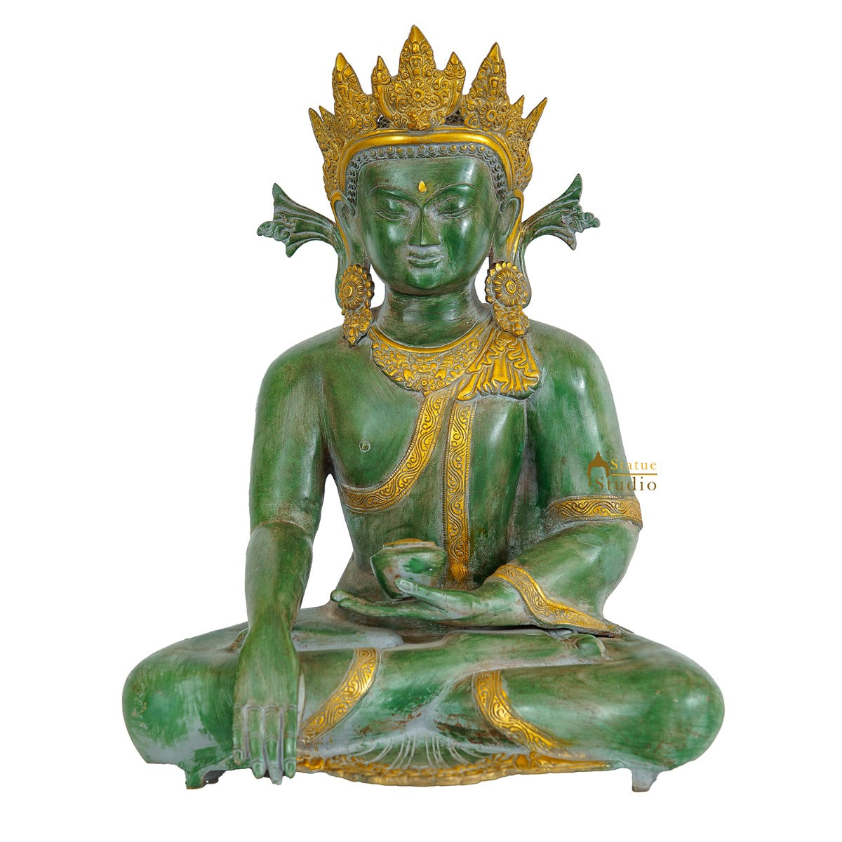 Brass Large Exclusive Crown Buddha Statue Antique Finish For Home Decor 2 Feet - Image 3