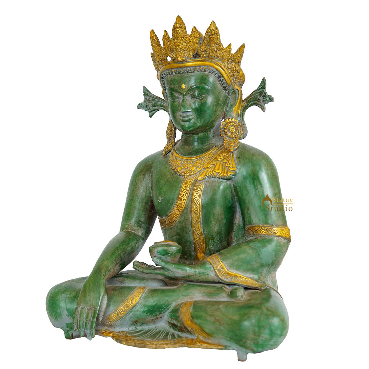Brass Large Exclusive Crown Buddha Statue Antique Finish For Home Decor 2 Feet