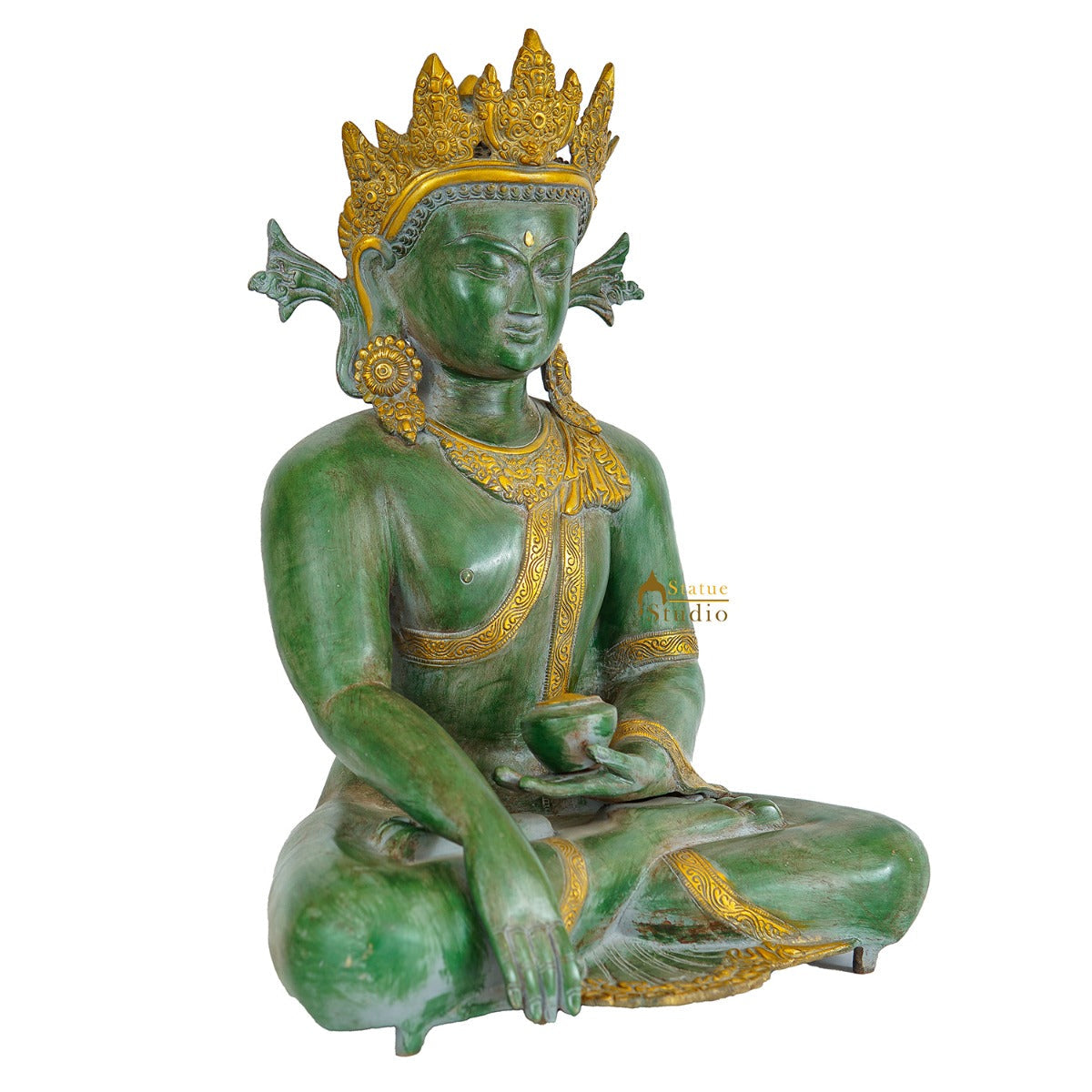 Brass Large Exclusive Crown Buddha Statue Antique Finish For Home Decor 2 Feet