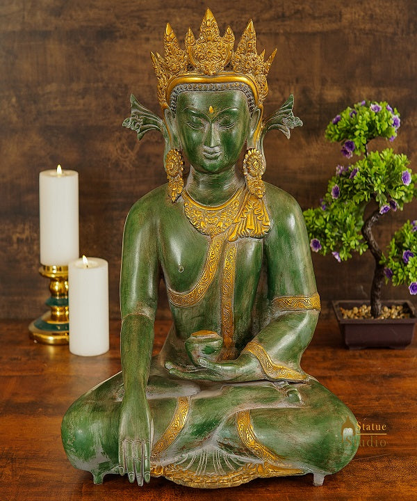 Brass Large Exclusive Crown Buddha Statue Antique Finish For Home Decor 2 Feet - Image 2
