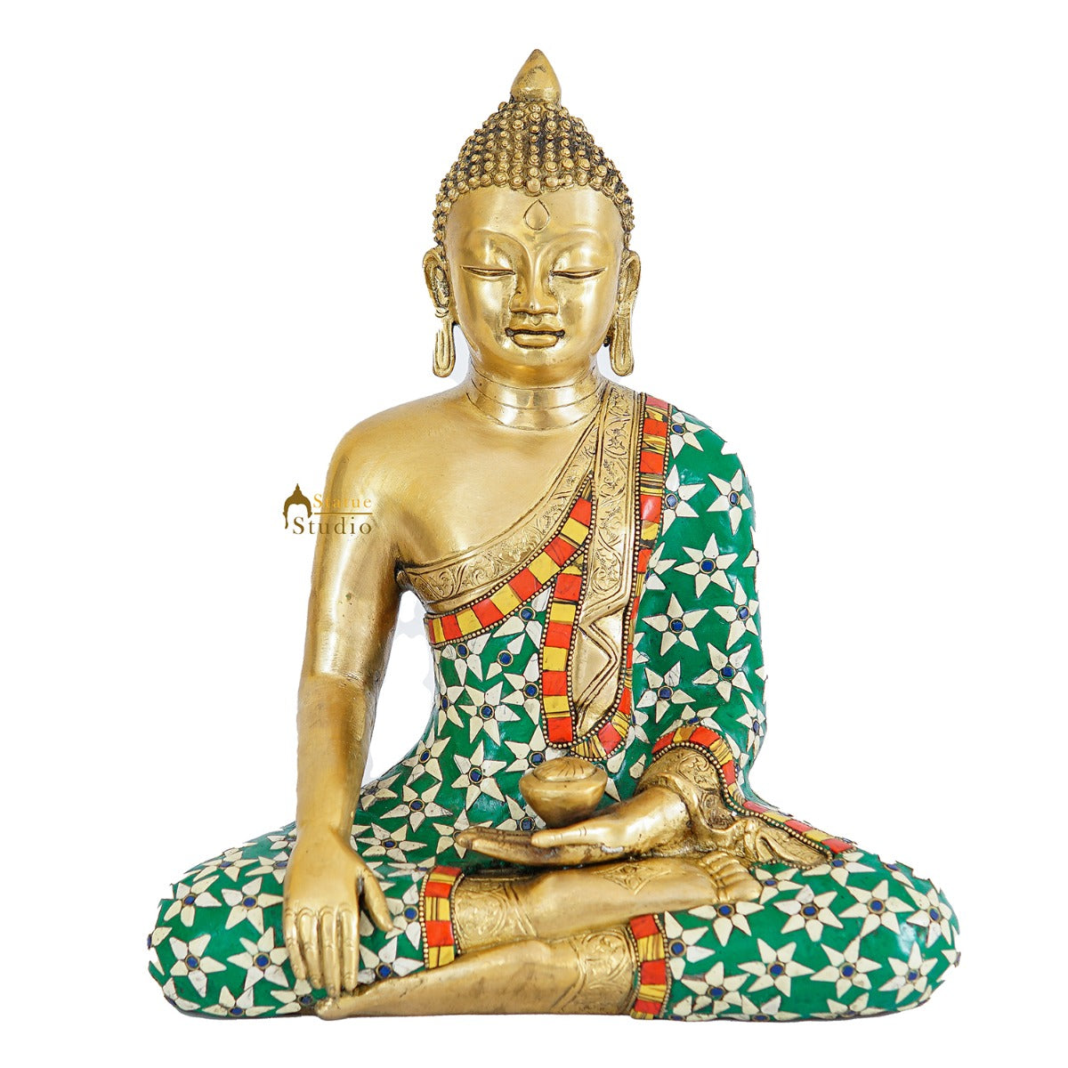 Brass Sitting Buddha Statue Stone Work For Home Decor Gift Showpiece 14" - Image 3