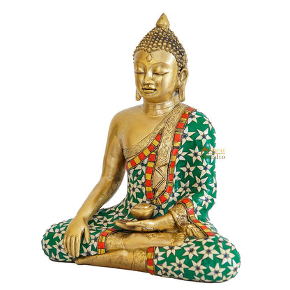 Brass Sitting Buddha Statue Stone Work For Home Decor Gift Showpiece 14" by vendor-unknown - Buddha (View 4)
