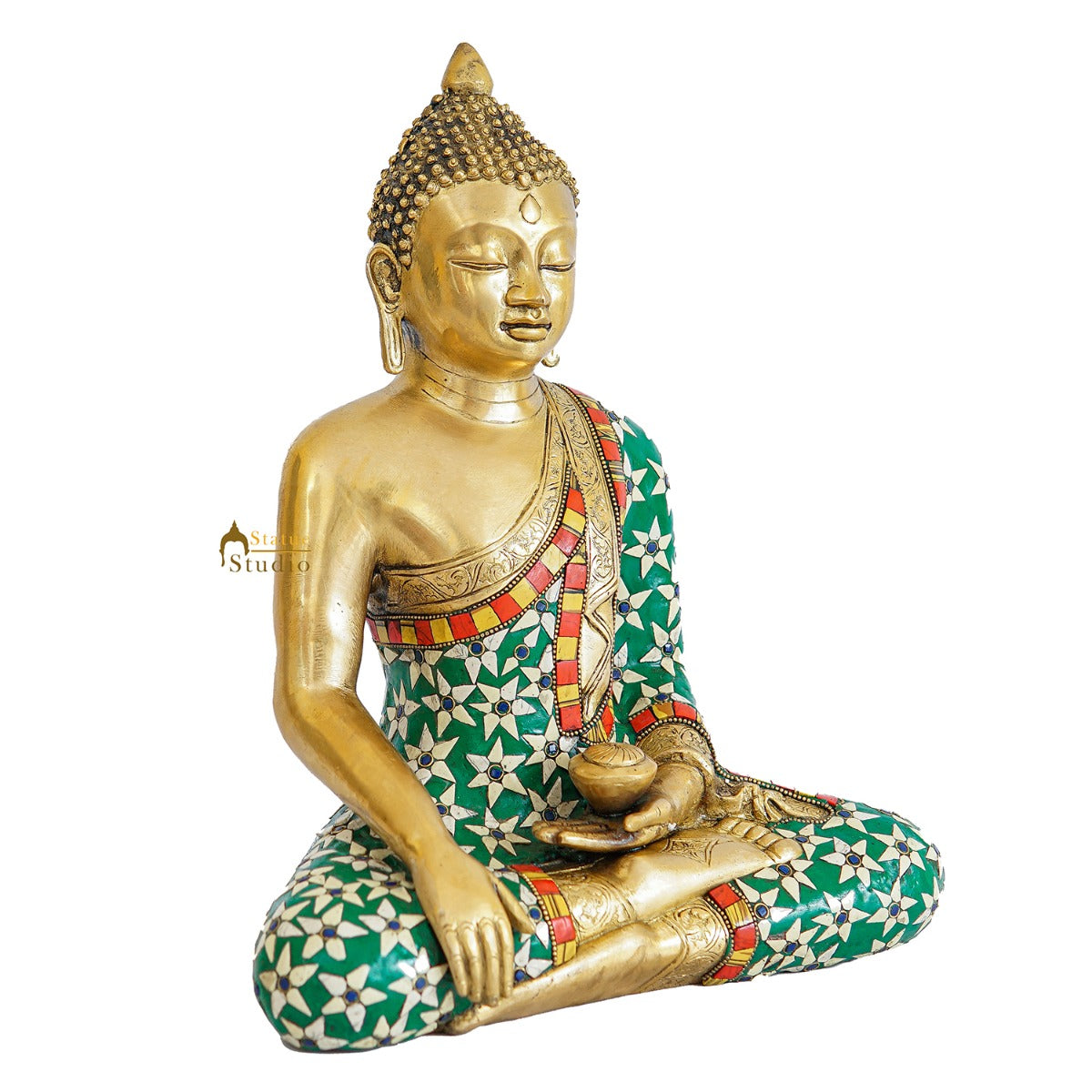 Brass Sitting Buddha Statue Stone Work For Home Decor Gift Showpiece 14" - Image 5