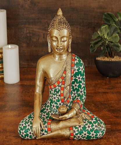 Brass Sitting Buddha Statue Stone Work For Home Decor Gift Showpiece 14" by vendor-unknown - Buddha (View 2)