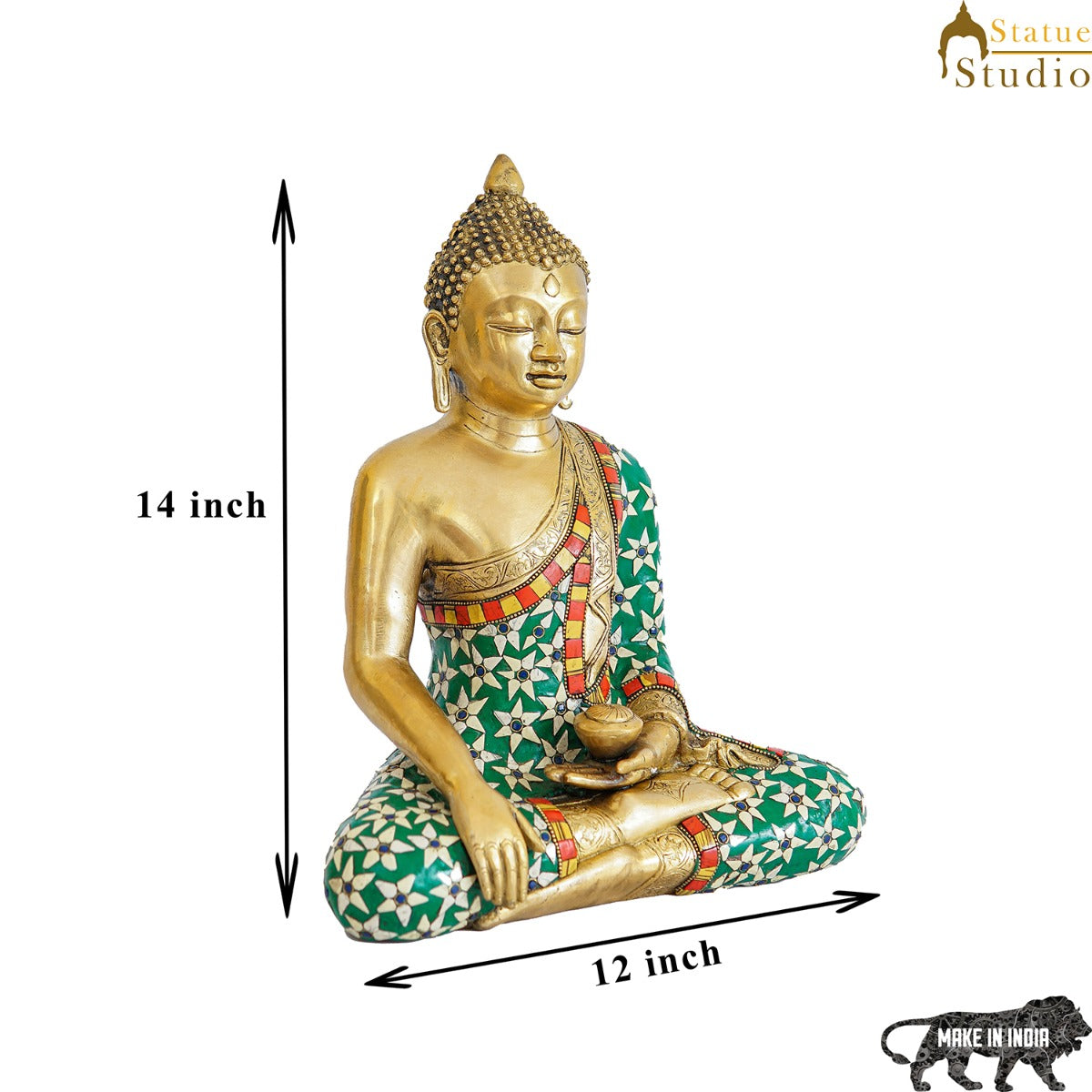 Brass Sitting Buddha Statue Stone Work For Home Decor Gift Showpiece 14" - Image 8