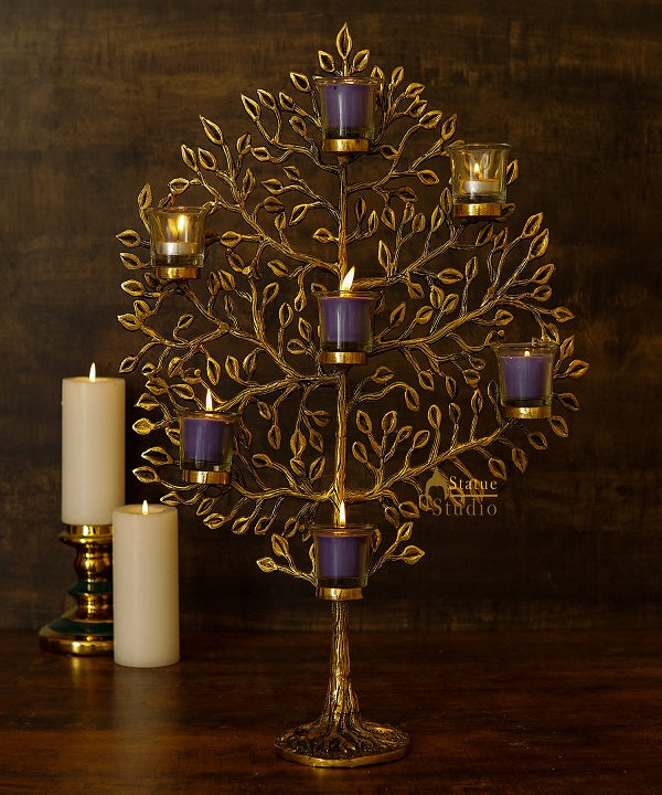 Brass Antique Tree Showpiece For Home Table Décor With TeaLight Candle Holder 17" - Image 2