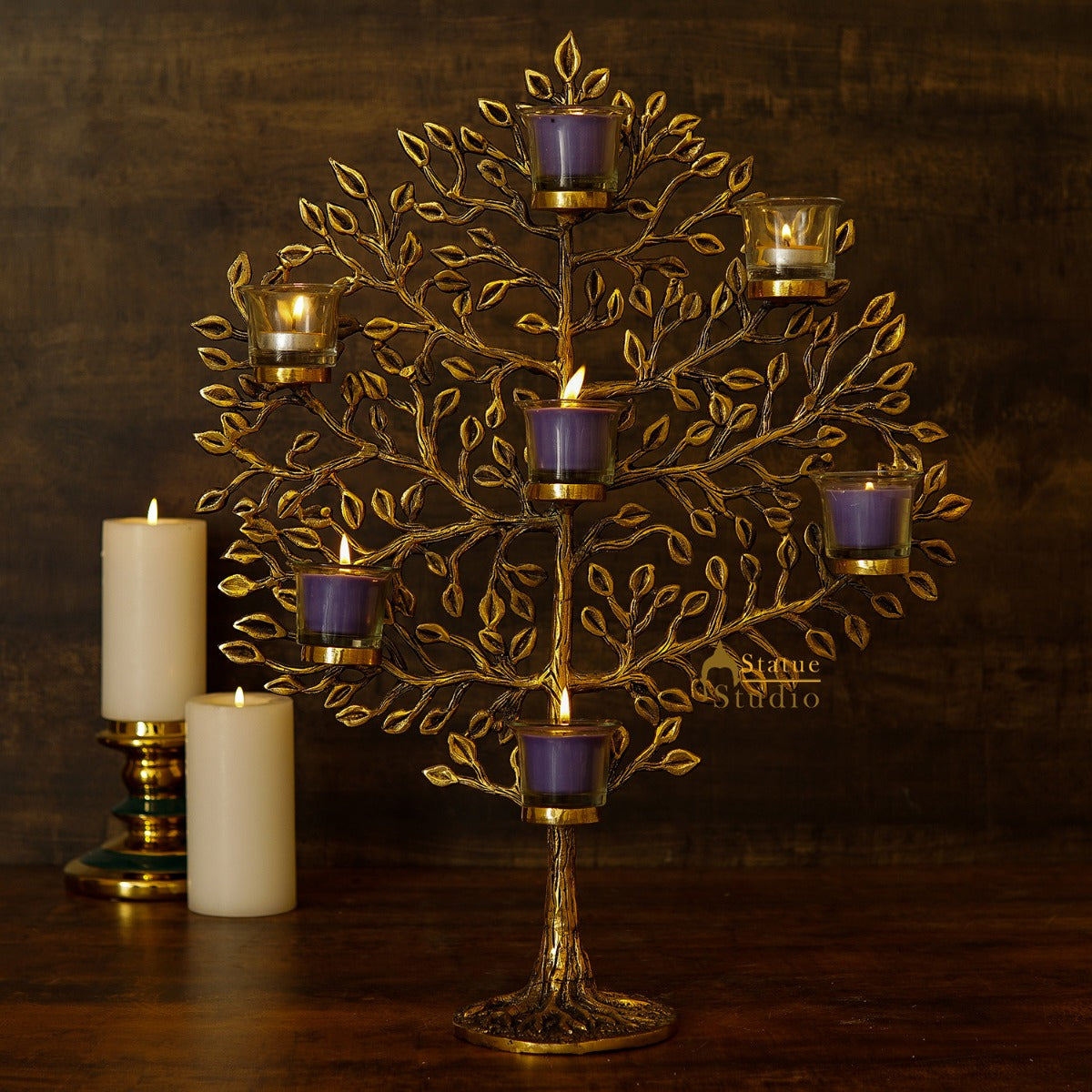 Brass Antique Tree Showpiece For Home Table Décor With TeaLight Candle Holder 17" - Eco-friendly - Sama Homes