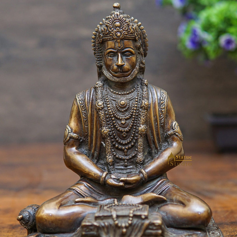 Brass Antique Hanuman Idol For Home Office Temple Lucky Décor Statue 8"