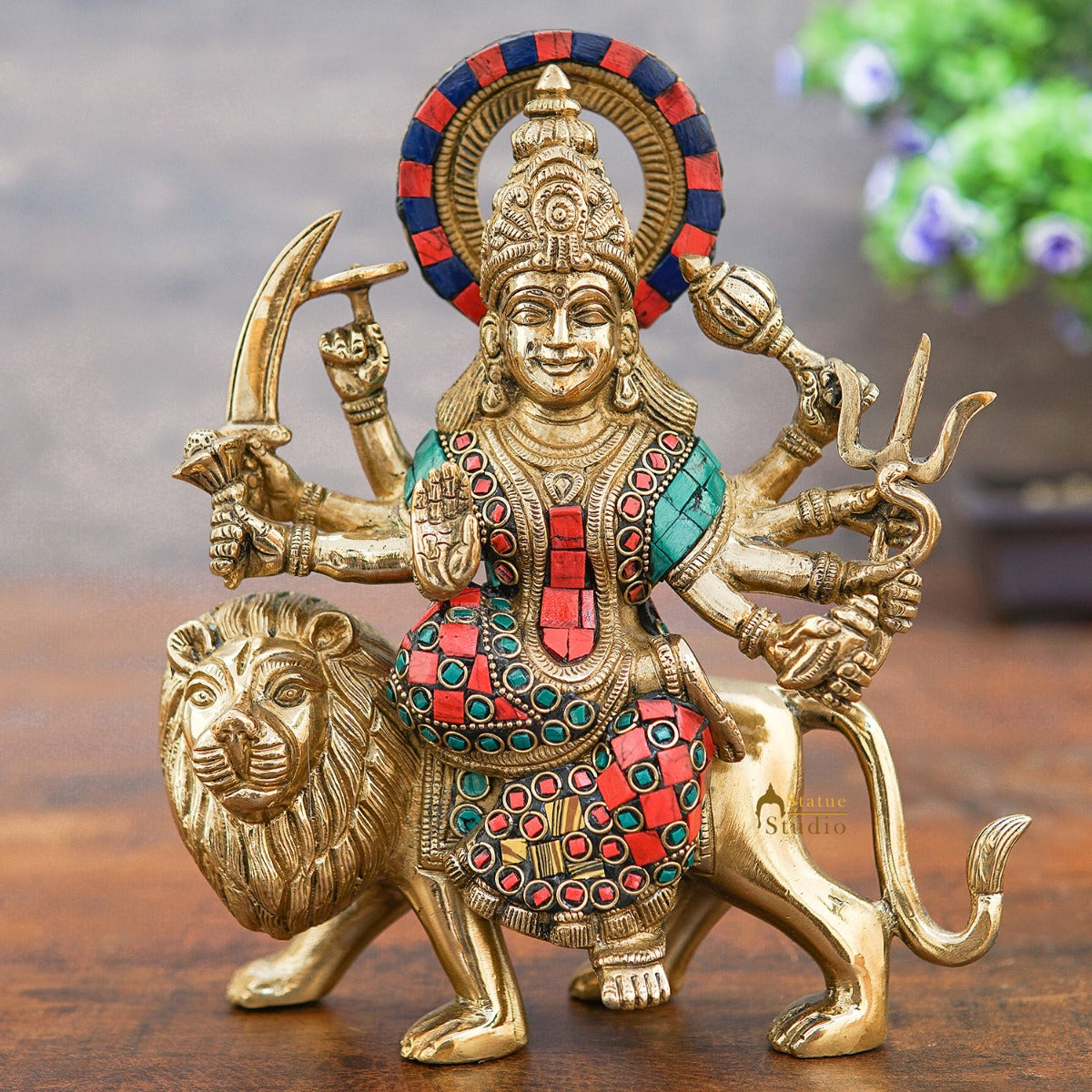 Brass Maa Durga Idol Sherawali Statue Religious Home Temple Décor Showpiece 9" - Eco-friendly - Sama Homes