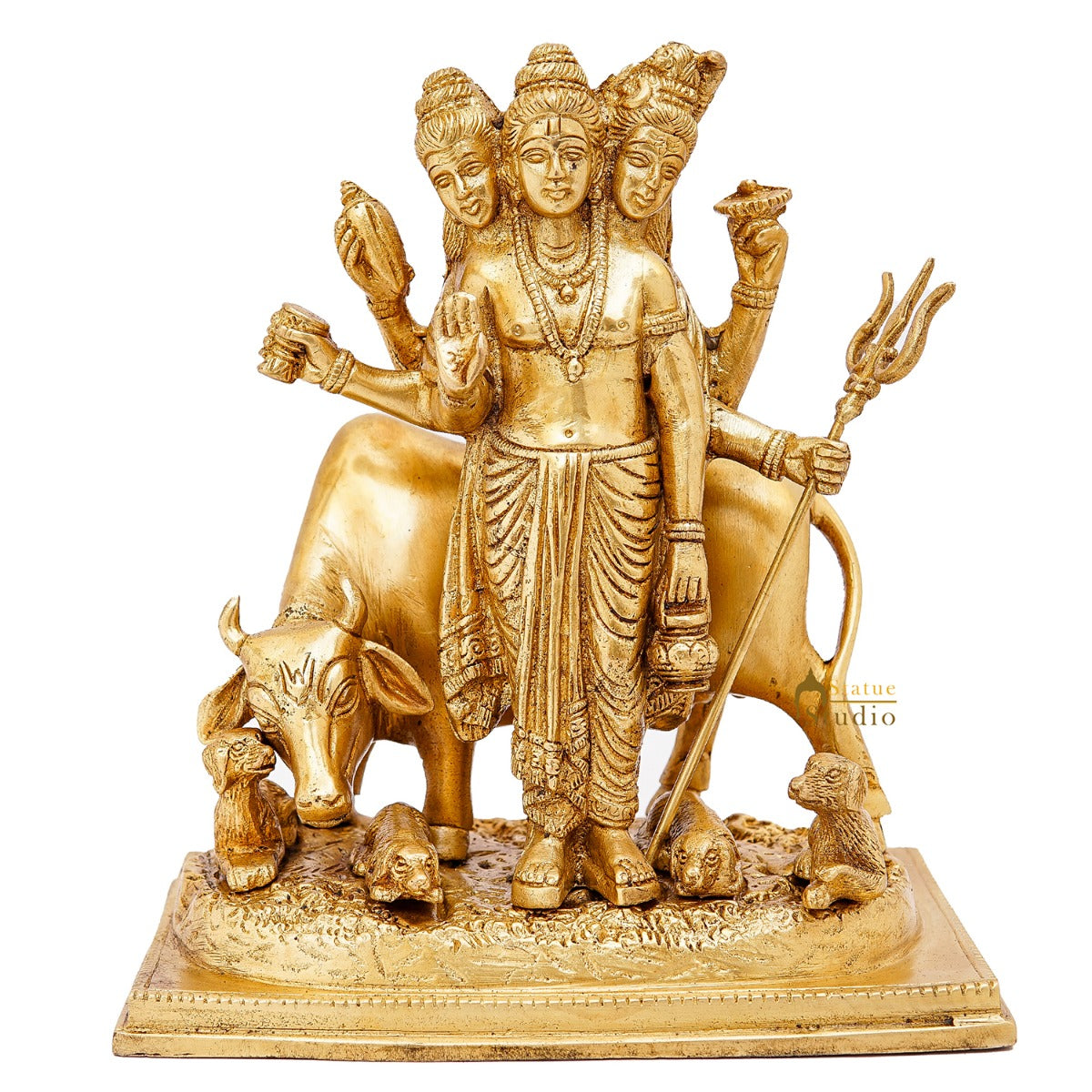 Brass Trinity Of Hindu God Dattatreya Idol Home Temple Religious Décor Statue 8" - Image 3