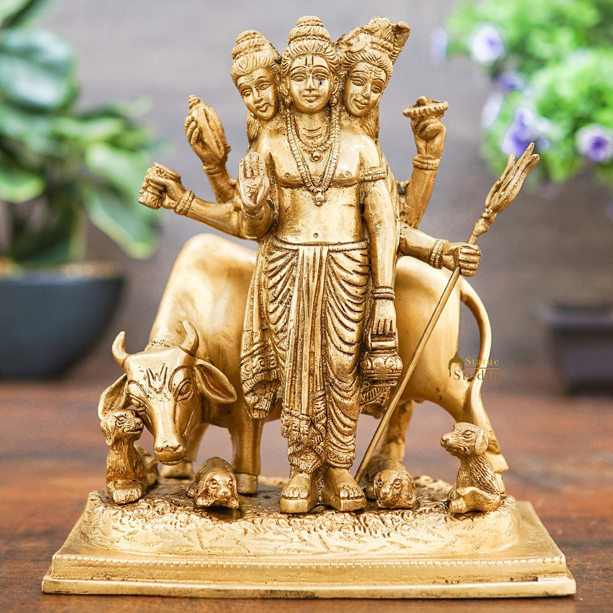 Brass Trinity Of Hindu God Dattatreya Idol Home Temple Religious Décor Statue 8" - Eco-friendly - Sama Homes