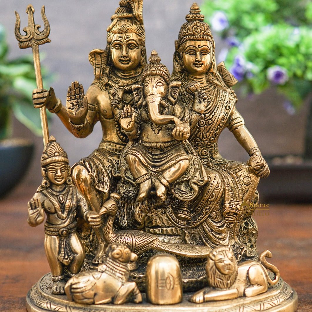 Brass Shiva Family Idol Shiv Parivar Statue For Home Temple Decor 9" - Image 2