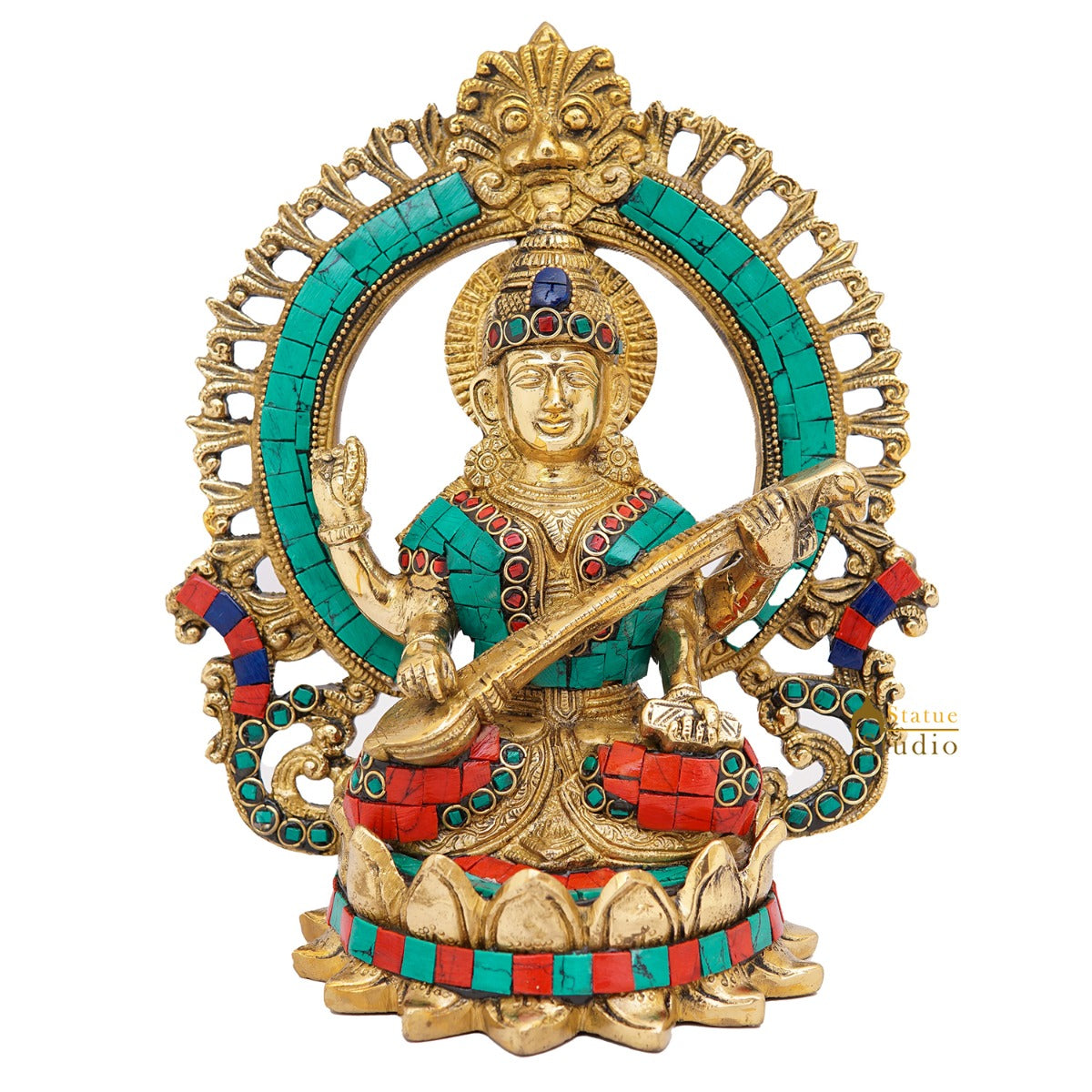 Brass Saraswati Idols For Home Office Religious Décor Statue Lucky Gift 9" - Image 3