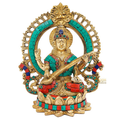 Brass Saraswati Idols For Home Office Religious Décor Statue Lucky Gift 9" by vendor-unknown - Hindu Gods (View 3)