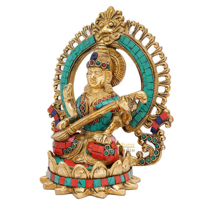 Brass Saraswati Idols For Home Office Religious Décor Statue Lucky Gift 9" by vendor-unknown - Hindu Gods (View 4)