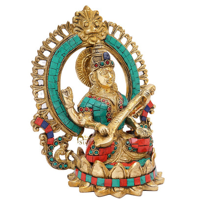 Brass Saraswati Idols For Home Office Religious Décor Statue Lucky Gift 9" by vendor-unknown - Hindu Gods (View 5)