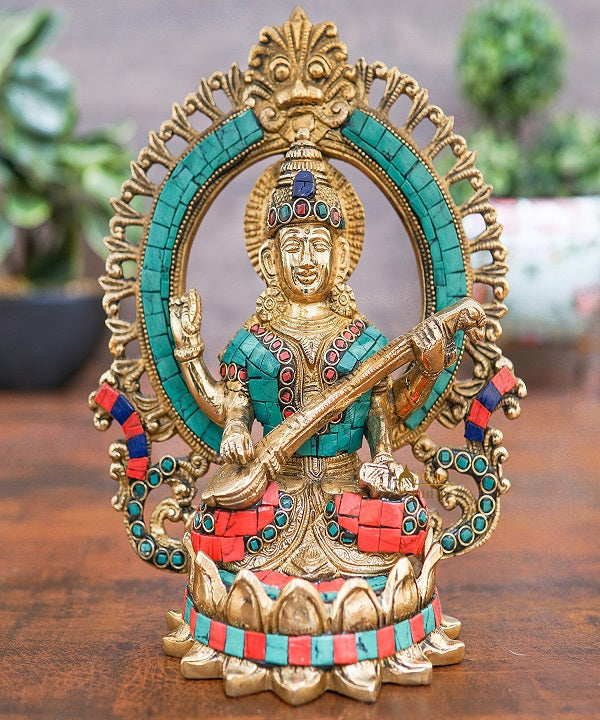 Brass Saraswati Idols For Home Office Religious Décor Statue Lucky Gift 9" - Image 2