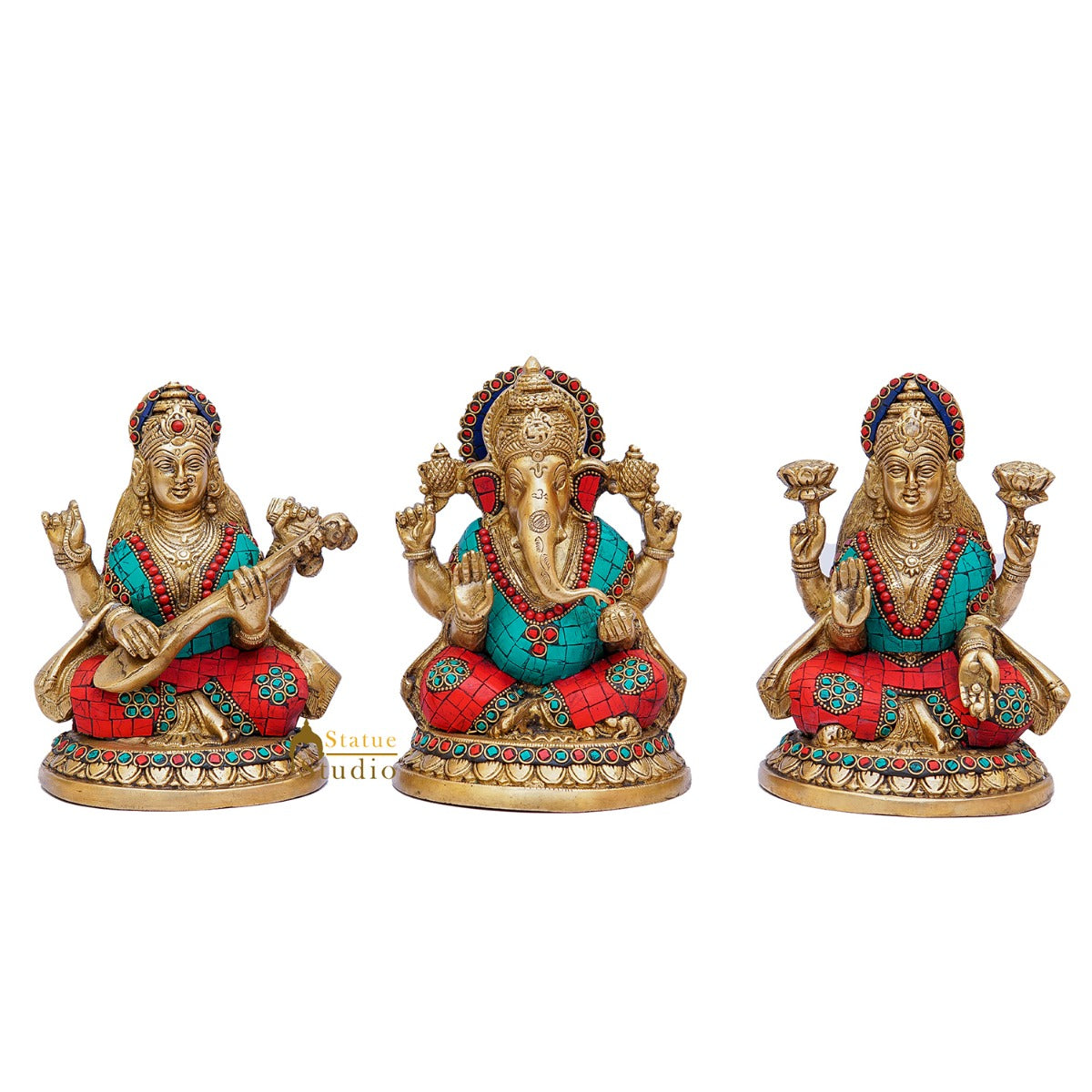 Brass Ganesha Laxmi Saraswati Statue Home Pooja Office Décor Diwali Gift Idols 8"