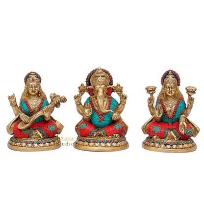 Brass Ganesha Laxmi Saraswati Statue Home Pooja Office Décor Diwali Gift Idols 8" by vendor-unknown - Hindu Gods (View 3)