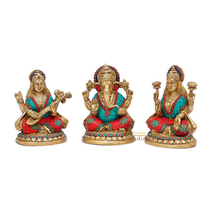 Brass Ganesha Laxmi Saraswati Statue Home Pooja Office Décor Diwali Gift Idols 8" by vendor-unknown - Hindu Gods (View 4)