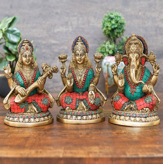 Brass Ganesha Laxmi Saraswati Statue Home Pooja Office Décor Diwali Gift Idols 8" - Image 2